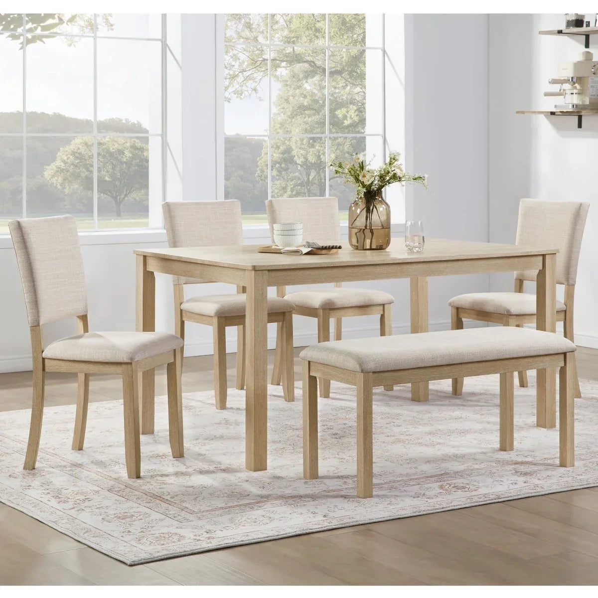 Modern Wooden 6-Piece Dining Table Set With Upholstered Chairs - Omega Lifestyles