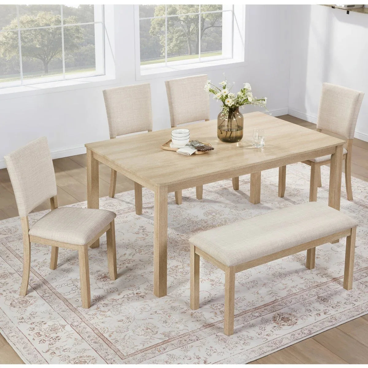 Modern Wooden 6-Piece Dining Table Set With Upholstered Chairs - Omega Lifestyles