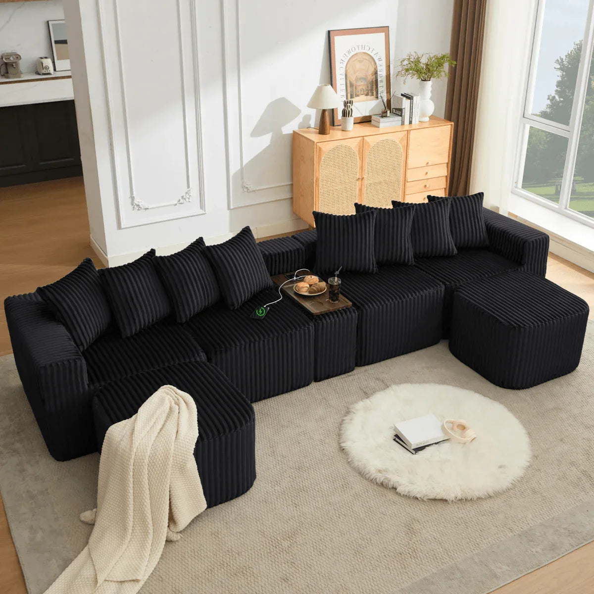Modular U-Shaped 6-Seat Corduroy Sofa With Console - Omega Lifestyles