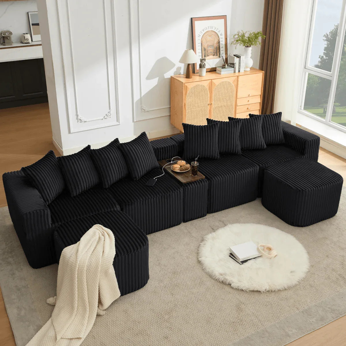 Modular U-Shaped 6-Seat Corduroy Sofa With Console - Omega Lifestyles
