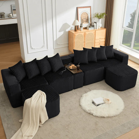 Modular U-Shaped 6-Seat Corduroy Sofa With Console - Omega Lifestyles