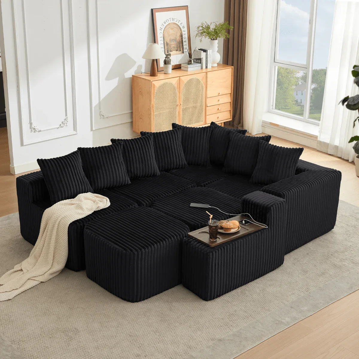Modular U-Shaped 6-Seat Corduroy Sofa With Console - Omega Lifestyles