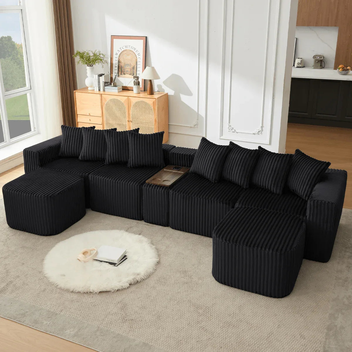 Modular U-Shaped 6-Seat Corduroy Sofa With Console - Omega Lifestyles