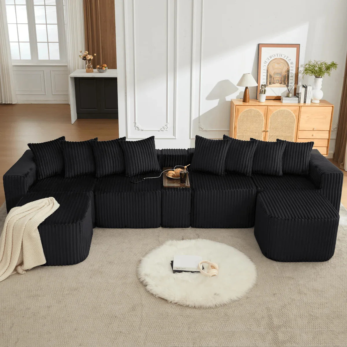 Modular U-Shaped 6-Seat Corduroy Sofa With Console - Omega Lifestyles
