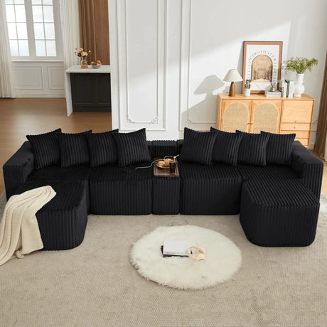 Modular U-Shaped 6-Seat Corduroy Sofa With Console - Omega Lifestyles