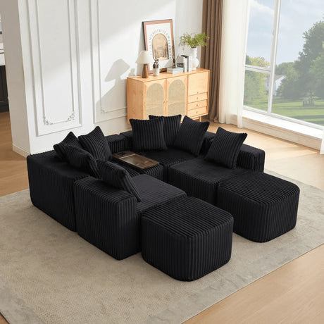 Modular U-Shaped 6-Seat Corduroy Sofa With Console - Omega Lifestyles