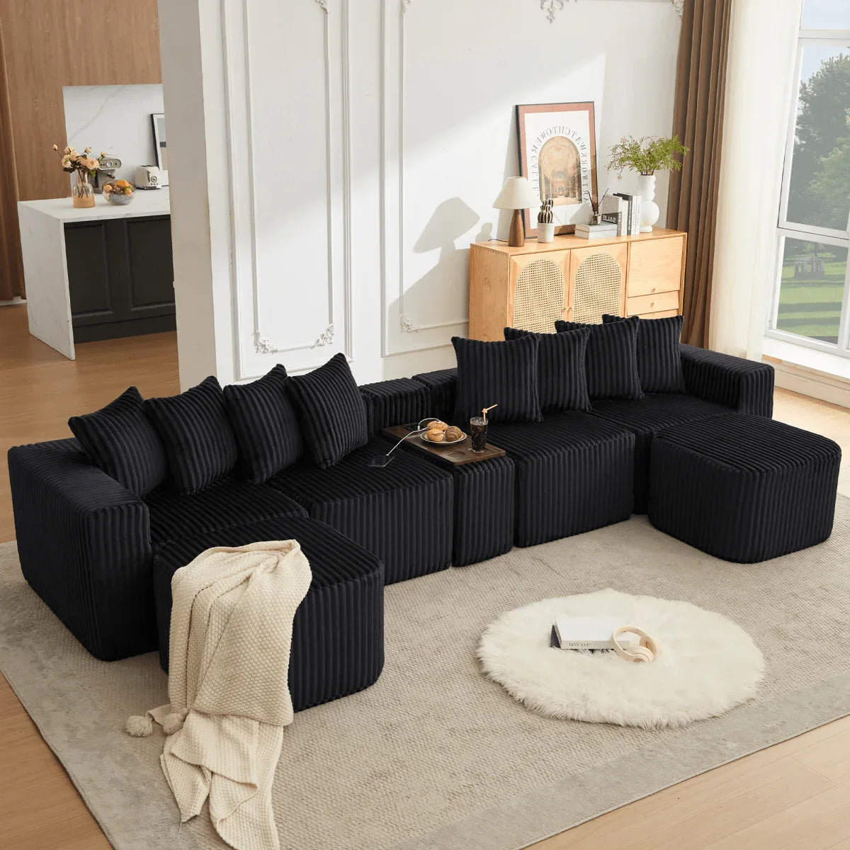 Modular U-Shaped 6-Seat Corduroy Sofa With Console - Omega Lifestyles
