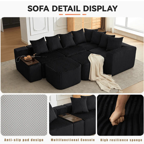 Modular U-Shaped 6-Seat Corduroy Sofa With Console - Omega Lifestyles