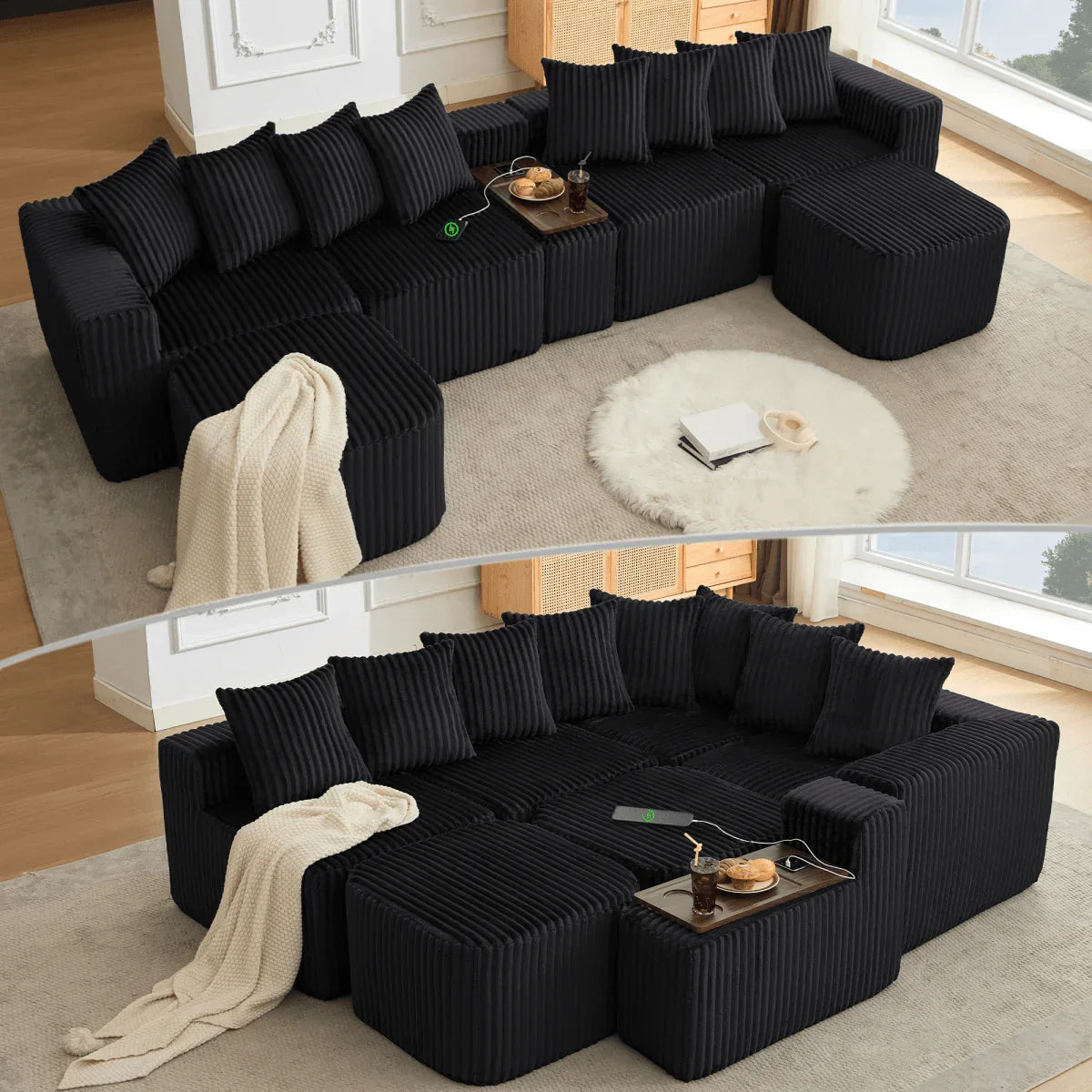 Modular U-Shaped 6-Seat Corduroy Sofa With Console - Omega Lifestyles
