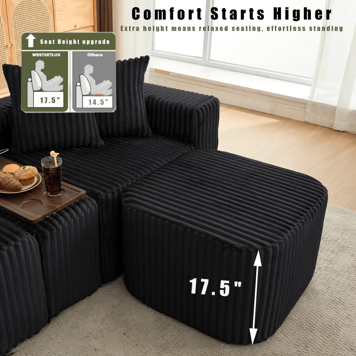 Modular U-Shaped 6-Seat Corduroy Sofa With Console - Omega Lifestyles