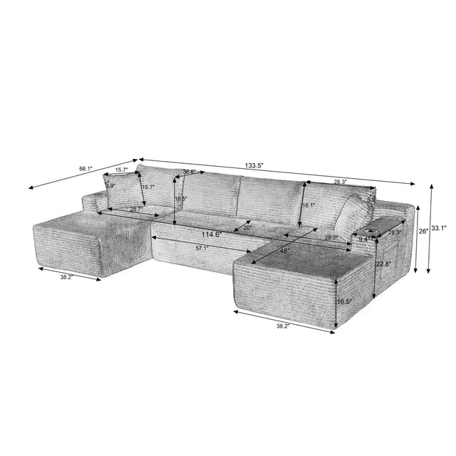 Modular U-Shaped Corduroy 6-Seat Sectional Sofa - Omega Lifestyles