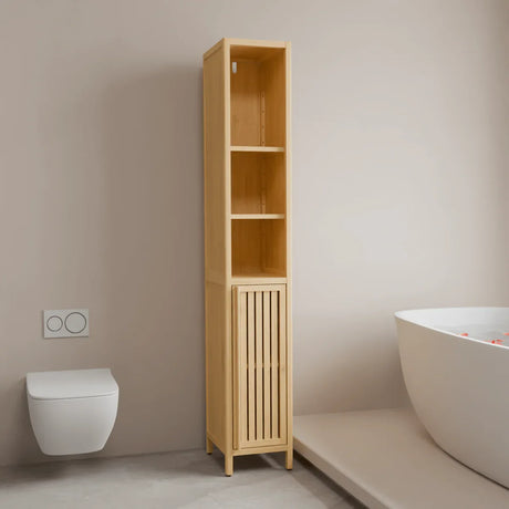 Natural Bamboo Tall Storage Cabinet With Shelves - Omega Lifestyles
