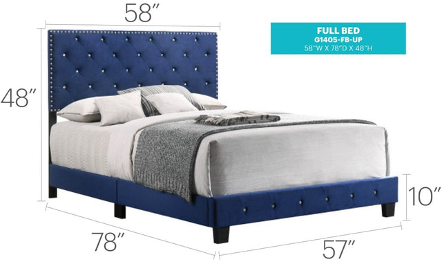 Navy Blue Velvet Full Upholstered Bed Frame - Omega Lifestyles
