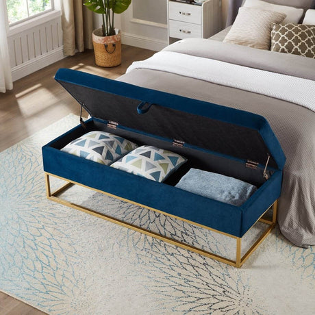 Navy Blue Velvet Storage Bench With Metal Base - Sleep Galleria