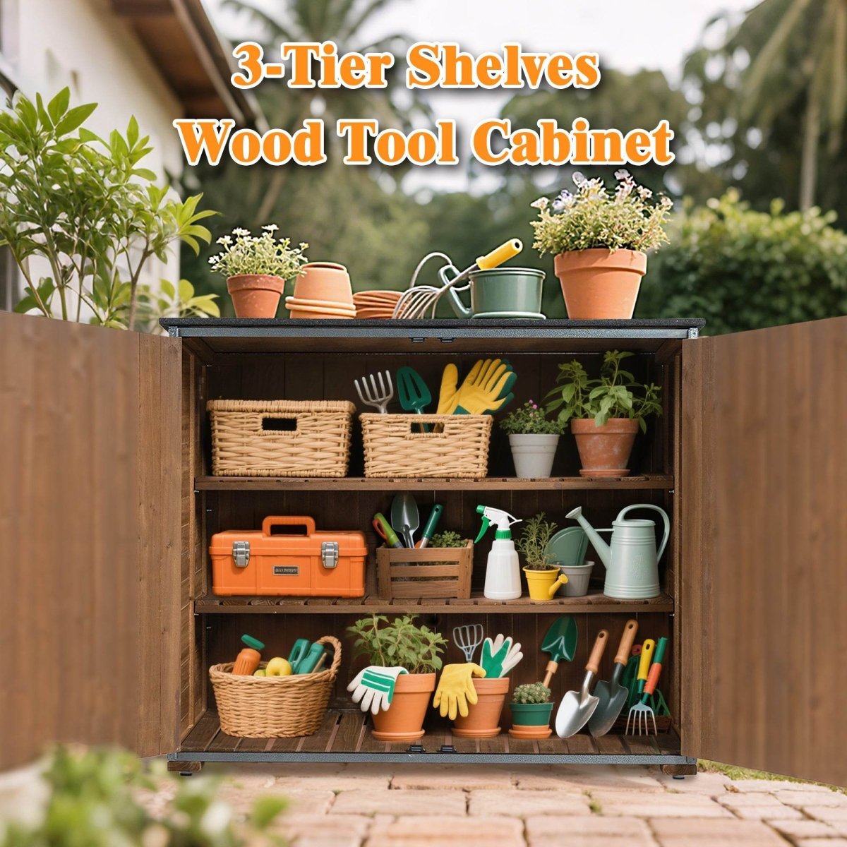 Outdoor Wood And Metal Garden Storage Cabinet Shed - Omega Lifestyles
