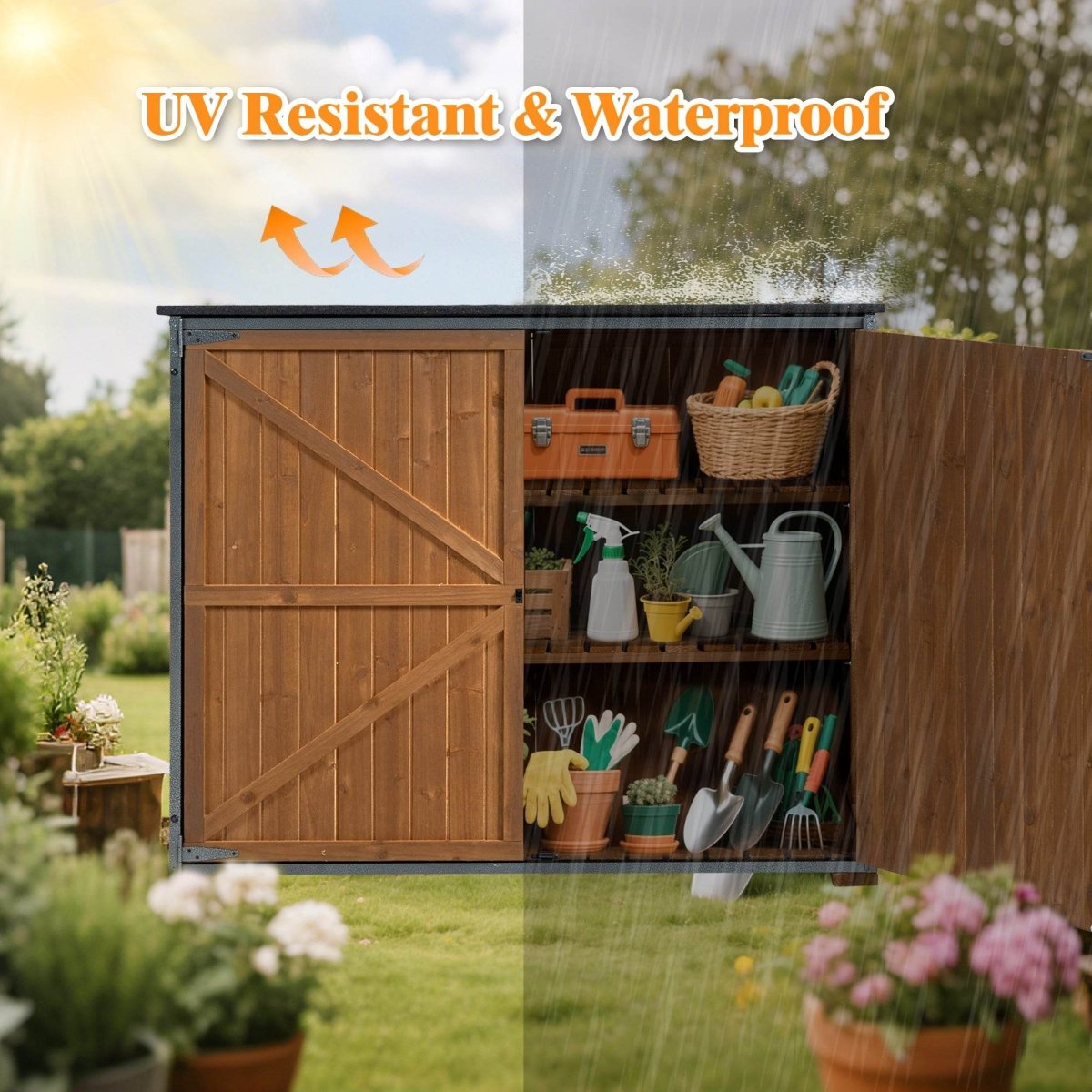 Outdoor Wood And Metal Garden Storage Cabinet Shed - Omega Lifestyles
