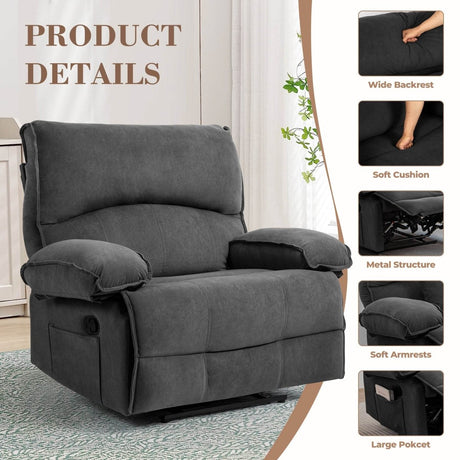 Oversized Manual Push - Back Velvet Massage Recliner Chair - Serenova - Omega Lifestyles