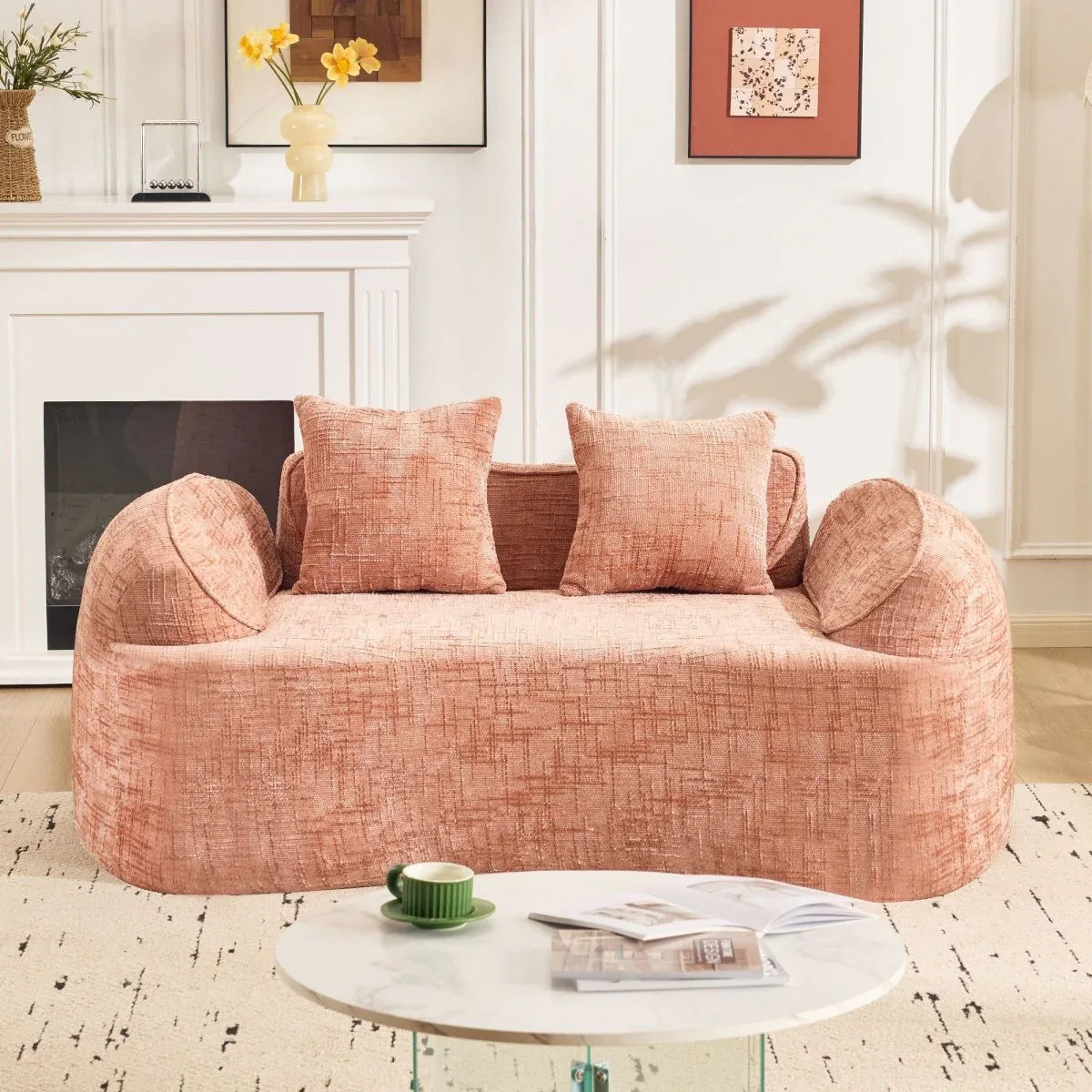 Pink Chenille Foam Spring Two-Seater Sofa With Pillows - Omega Lifestyles