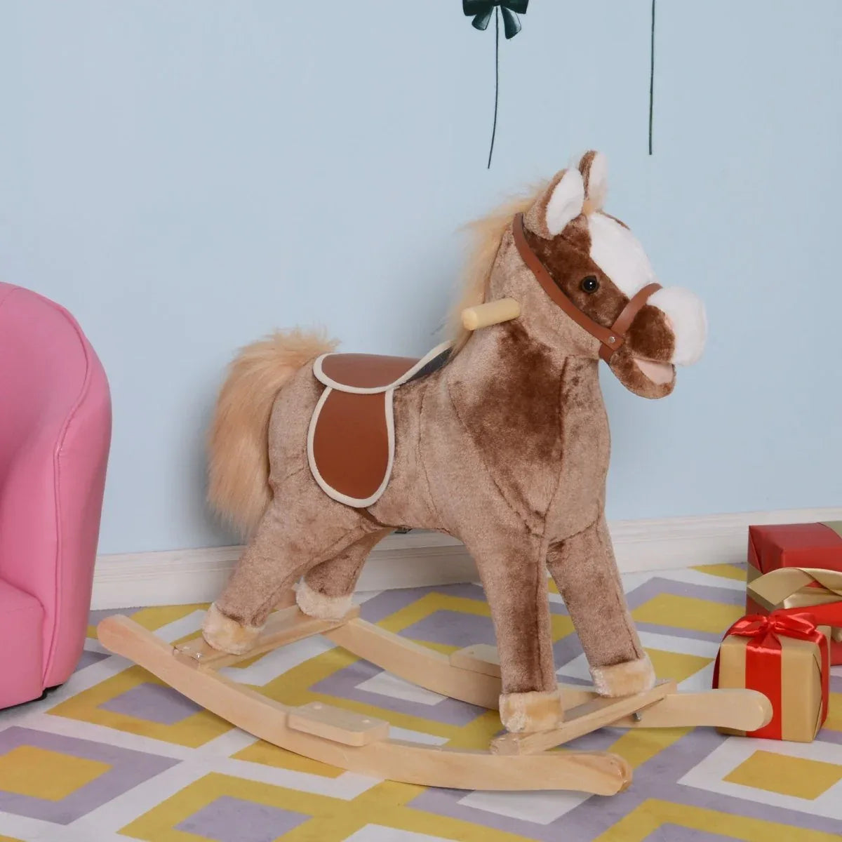 Plush Toddler Plush Wooden Rocking Horse Toy - Omega Lifestyles