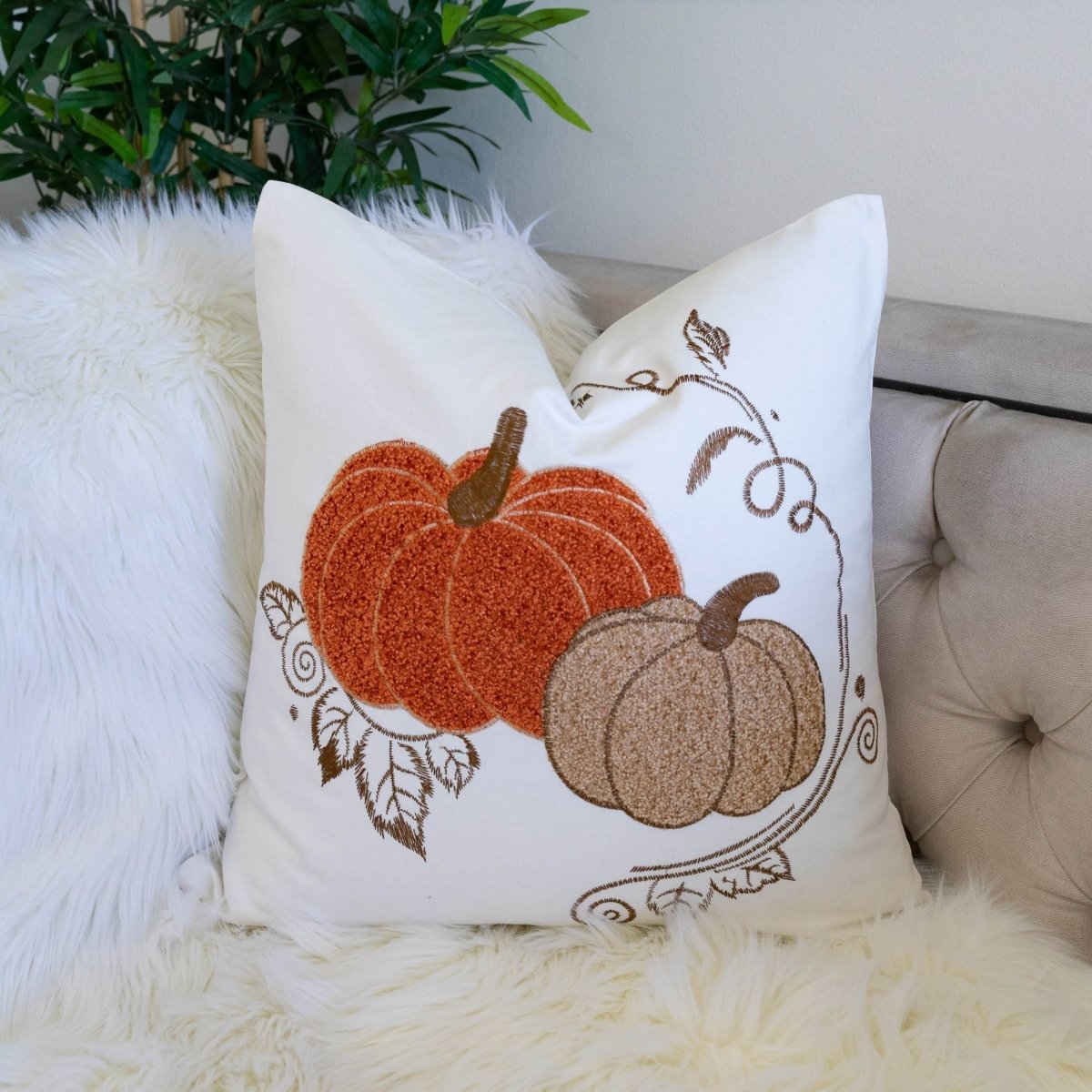Pumpkin Embroidered Rust Cotton Throw Pillow 20x20 Inch - Serenova - Omega Lifestyles