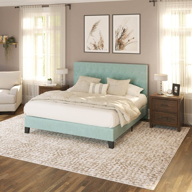 Queen Blue Upholstered Solid Wood Platform Bed Frame - Omega Lifestyles