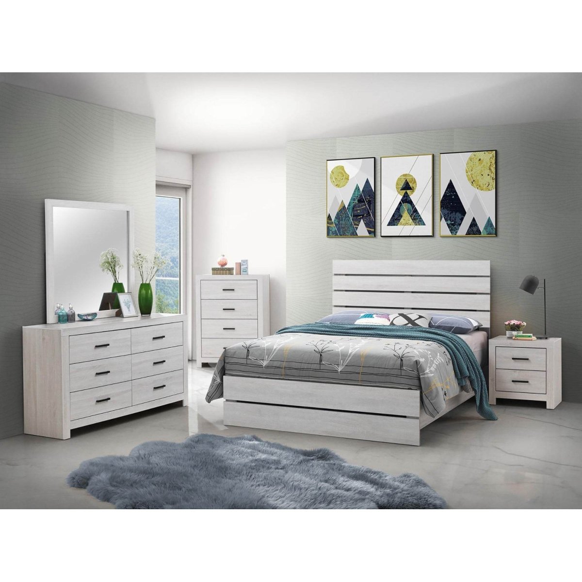 Queen Coastal White Wood Slatted Panel Bed Frame - Serenova - Omega Lifestyles