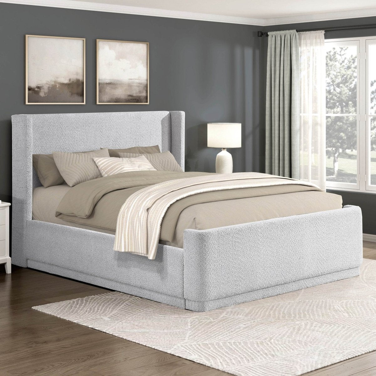 Queen Light Gray Wingback Upholstered Plywood Platform Bed - Serenova - Omega Lifestyles
