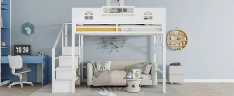 Queen Metal Loft Bed With Stairs High Guardrails Wardrobe - Omega Lifestyles