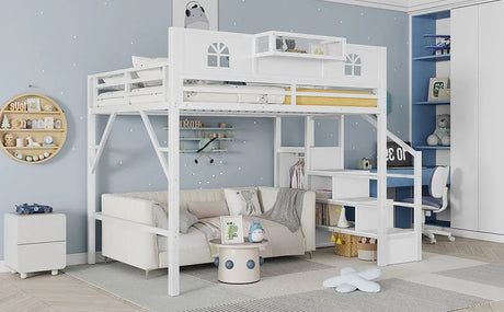 Queen Metal Loft Bed With Stairs High Guardrails Wardrobe - Omega Lifestyles