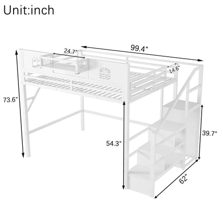 Queen Metal Loft Bed With Stairs High Guardrails Wardrobe - Omega Lifestyles
