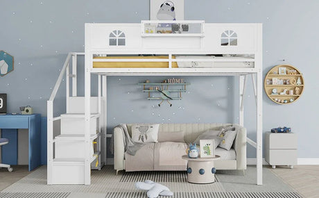 Queen Metal Loft Bed With Stairs High Guardrails Wardrobe - Omega Lifestyles