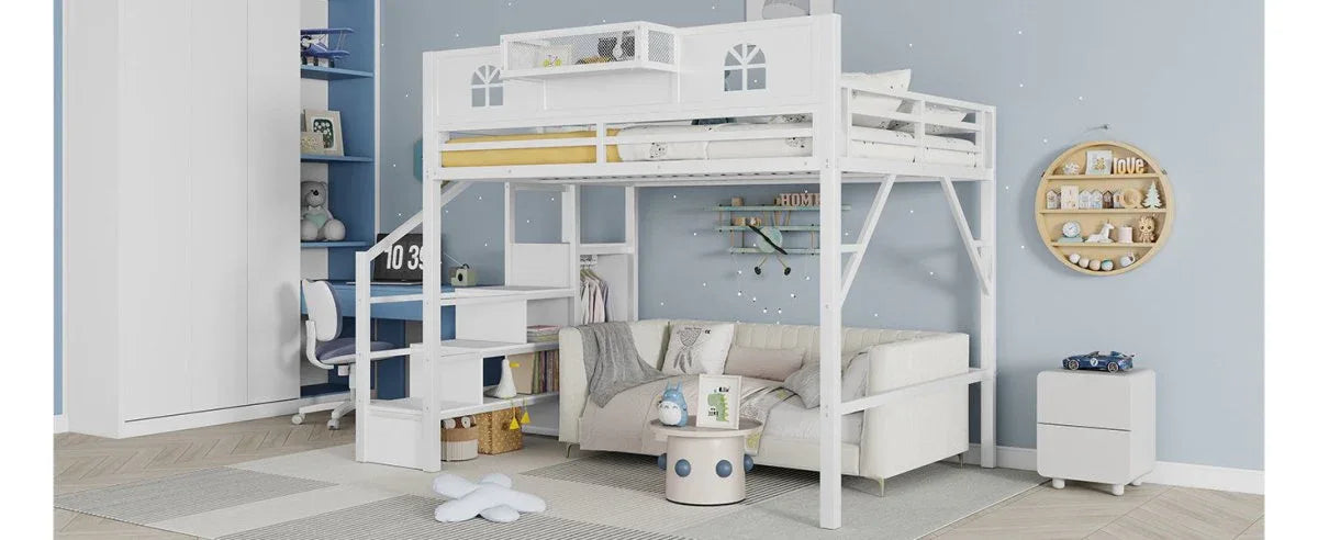 Queen Metal Loft Bed With Stairs High Guardrails Wardrobe - Omega Lifestyles
