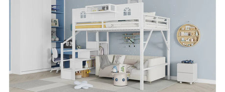 Queen Metal Loft Bed With Stairs High Guardrails Wardrobe - Omega Lifestyles