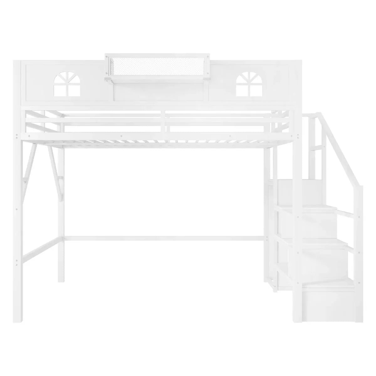 Queen Metal Loft Bed With Stairs High Guardrails Wardrobe - Omega Lifestyles