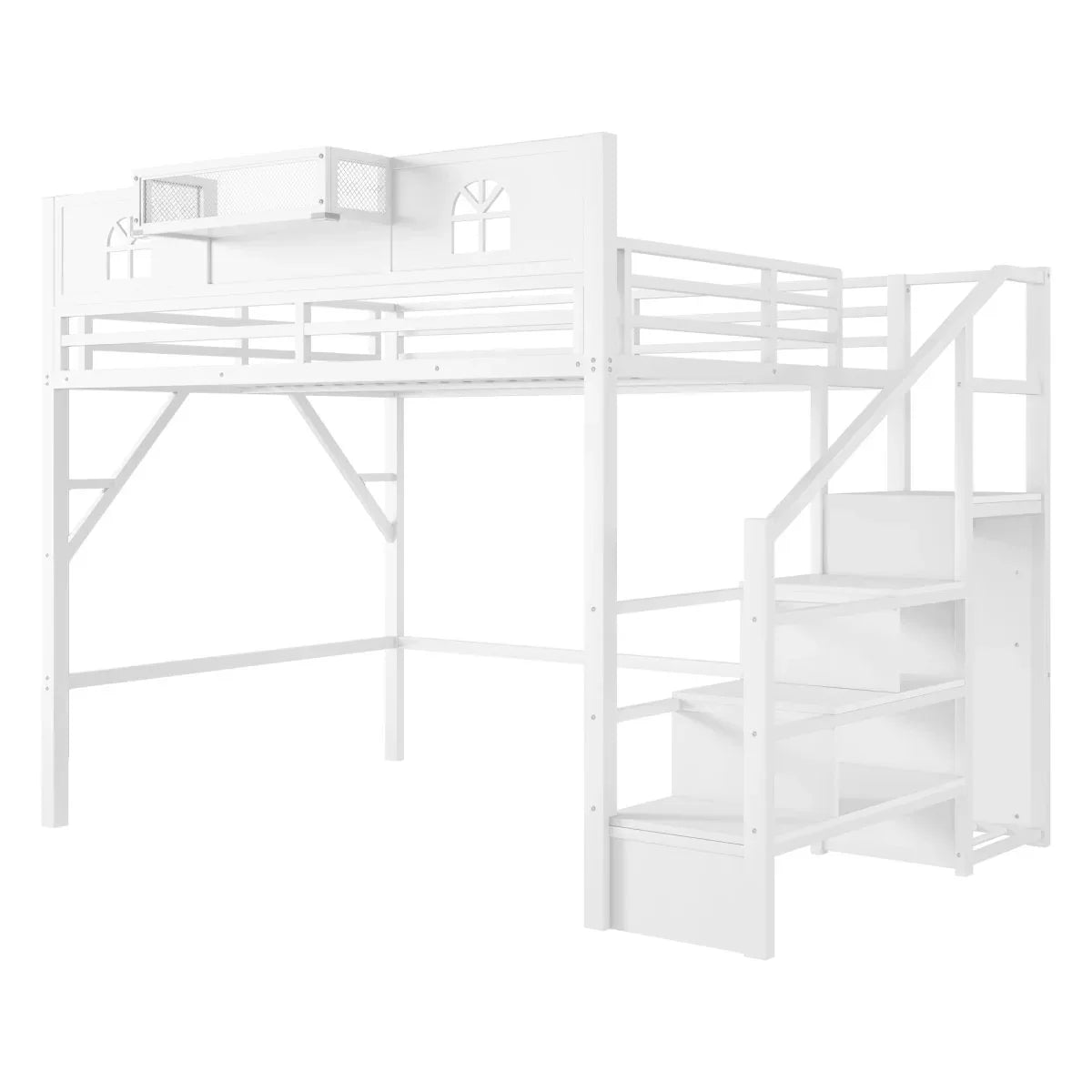 Queen Metal Loft Bed With Stairs High Guardrails Wardrobe - Omega Lifestyles