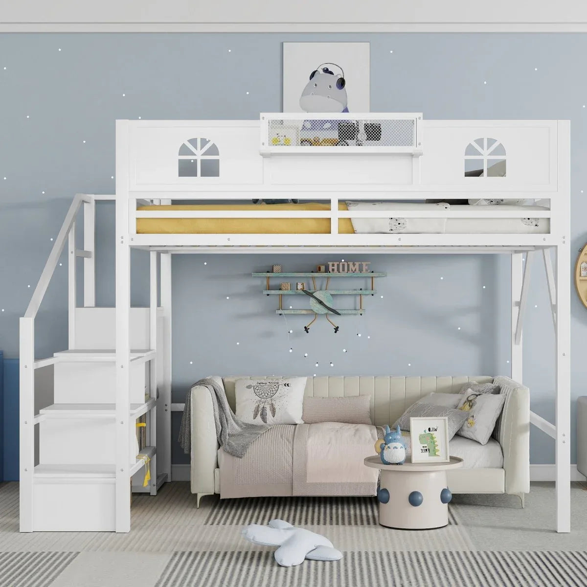 Queen Metal Loft Bed With Stairs High Guardrails Wardrobe - Omega Lifestyles