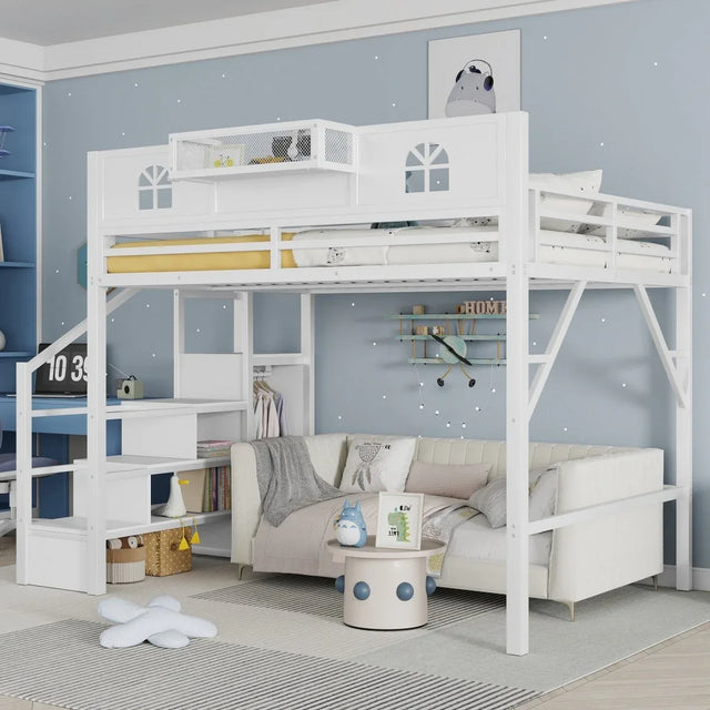 Queen Metal Loft Bed With Stairs High Guardrails Wardrobe - Omega Lifestyles