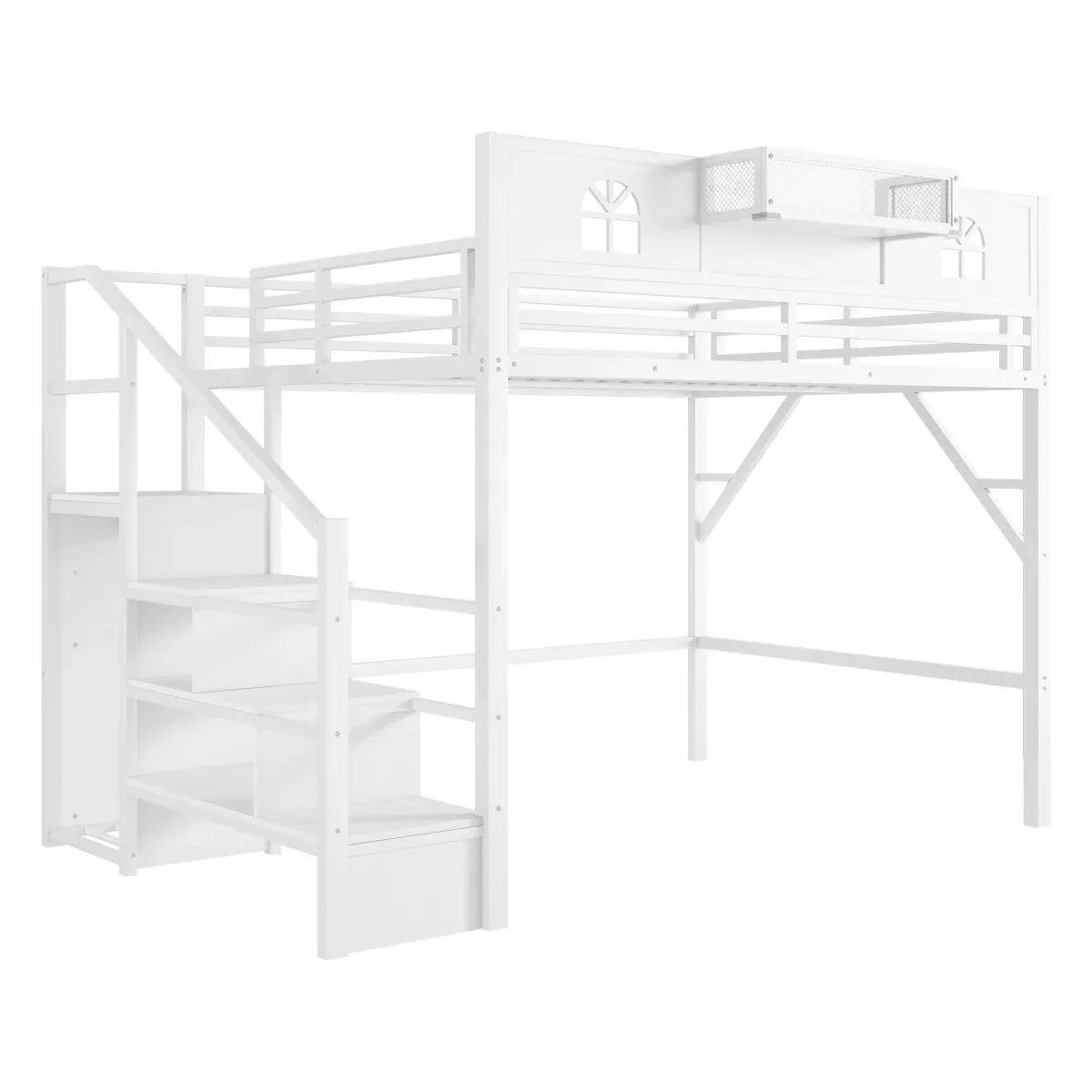 Queen Metal Loft Bed With Stairs High Guardrails Wardrobe - Omega Lifestyles