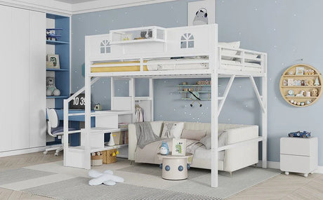 Queen Metal Loft Bed With Stairs High Guardrails Wardrobe - Omega Lifestyles