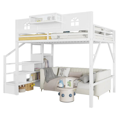 Queen Metal Loft Bed With Stairs High Guardrails Wardrobe - Omega Lifestyles