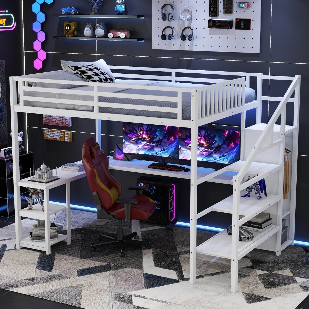 Queen Metal Loft Bed With Wardrobe Desk USB And LED Light - Serenova - Omega Lifestyles