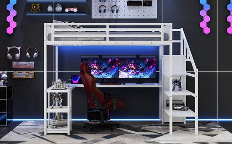 Queen Metal Loft Bed With Wardrobe Desk USB And LED Light - Serenova - Omega Lifestyles