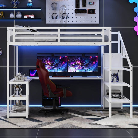 Queen Metal Loft Bed With Wardrobe Desk USB And LED Light - Serenova - Omega Lifestyles
