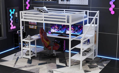 Queen Metal Loft Bed With Wardrobe Desk USB And LED Light - Serenova - Omega Lifestyles