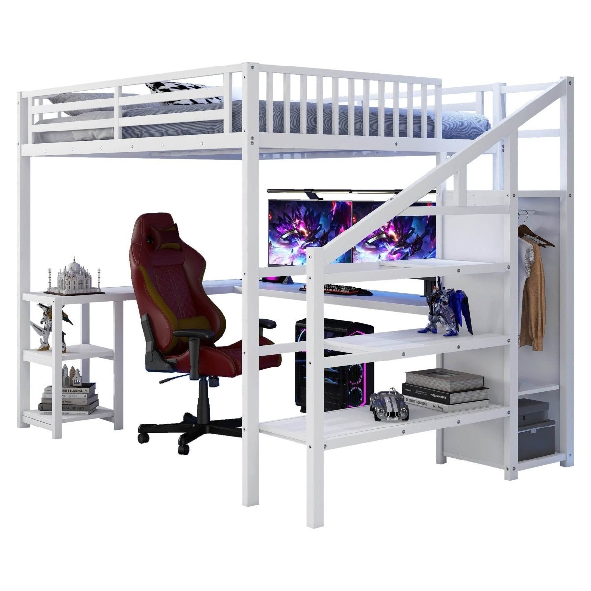Queen Metal Loft Bed With Wardrobe Desk USB And LED Light - Serenova - Omega Lifestyles