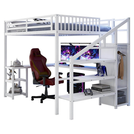 Queen Metal Loft Bed With Wardrobe Desk USB And LED Light - Serenova - Omega Lifestyles
