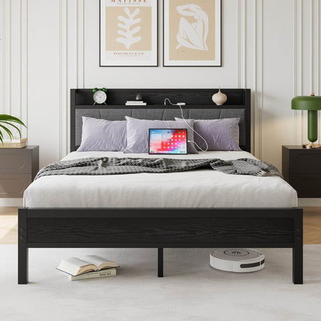 Queen Metal Wood Storage Bed Frame With Charging Station - Serenova - Omega Lifestyles