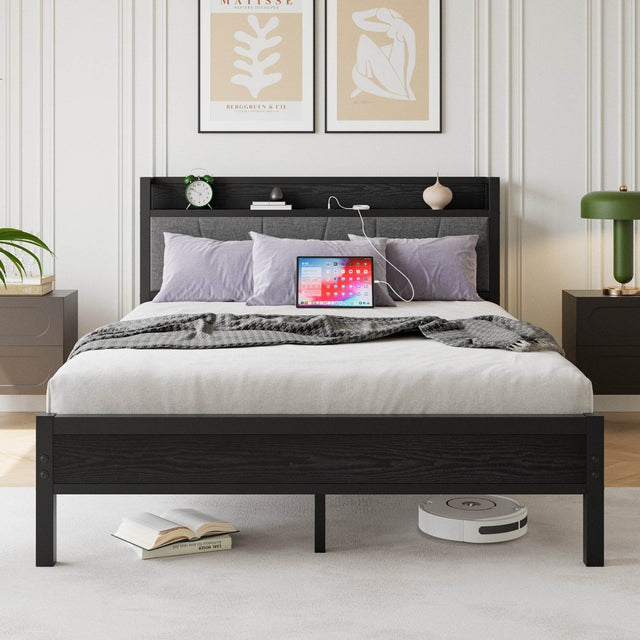 Queen Metal Wood Storage Bed Frame With Charging Station - Omega Lifestyles