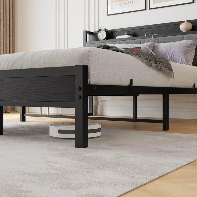Queen Metal Wood Storage Bed Frame With Charging Station - Omega Lifestyles