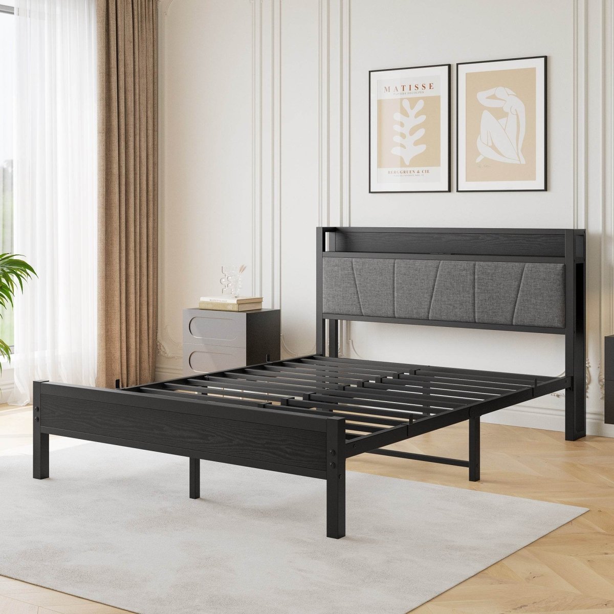 Queen Metal Wood Storage Bed Frame With Charging Station - Serenova - Omega Lifestyles